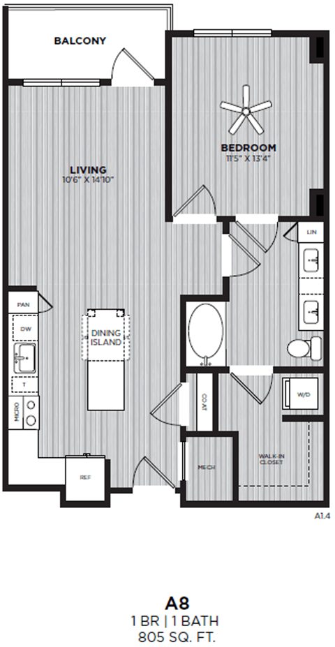 Floor plan for 1 bed, 1 bath, 805 sqft